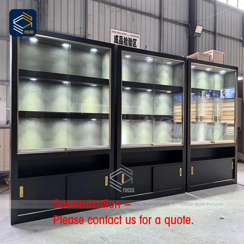 

custom.Custom Lockable Glass Front Display Cabinet Retail Shop Showcase Lighting Black Wooden Frame Cabinet