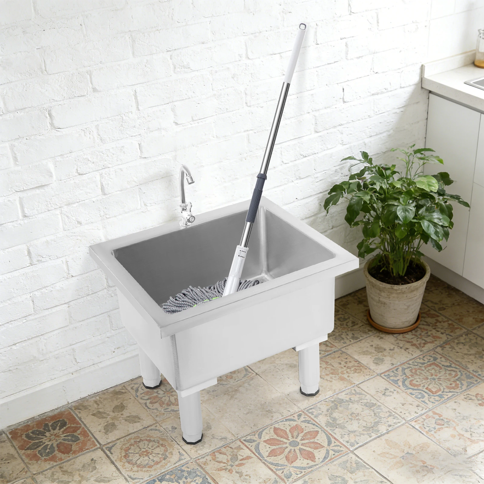 Stainless Steel Floor Mount Mop Sink, Mop Cleaning Sink with Faucet & Drain Pipe, 220 lbs Capacity, for Home Laundry Garage
