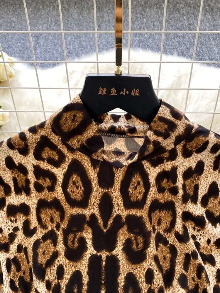 American Style Ladies Beach Vacation Sexy Bodysuits Turtleneck Long Sleeves Leopard Print Chic Design Skinny Fashion Bodysuits