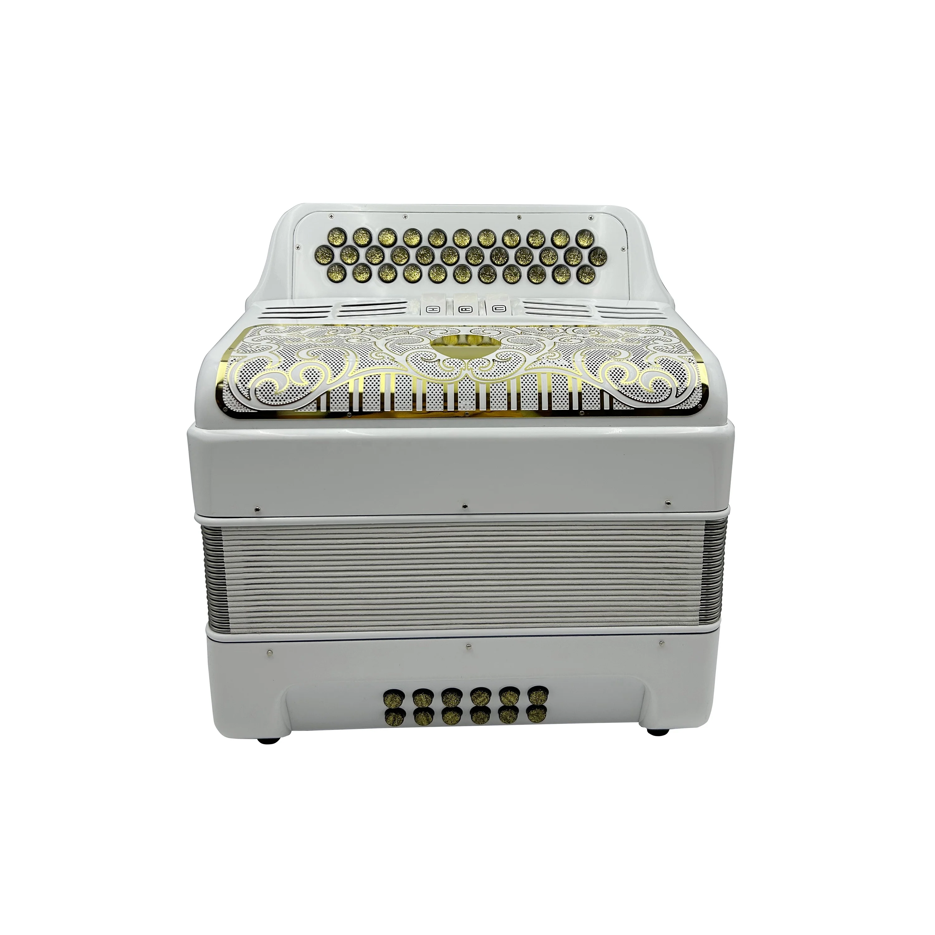Factory Diatonic Accordion 34-Button 12-Bass 3-Registers Bright White JB3412C Gold Buttons White Gold Grill Musical