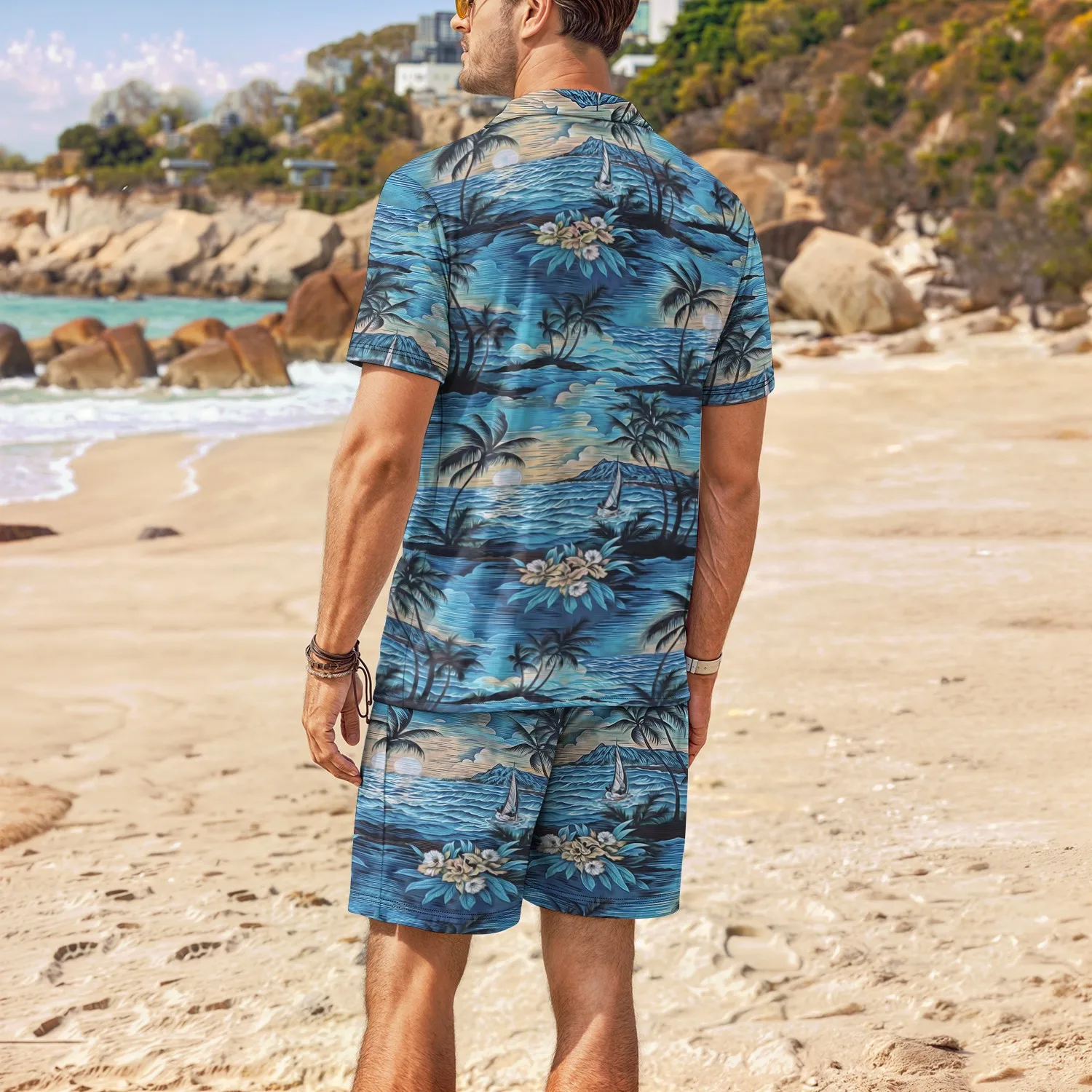 Men's Palm Tree Tropical Degree 3D Printed Hawaiian Shirt and Shorts Set Casual Fashion Short Sleeve Shirt Set Ideal for Summer