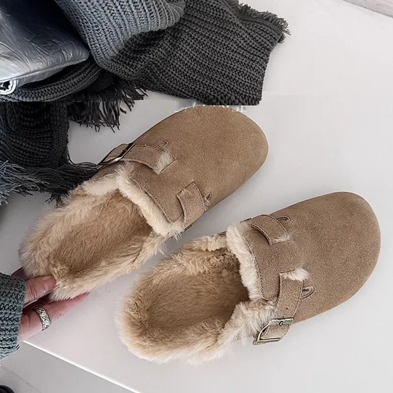 Women\'s Fur Flats Cow Suede Slippers Brand Mules Slip On Winter Shoes Designer Warm Shoes Outwear Buckle Slippers Spring Shoes