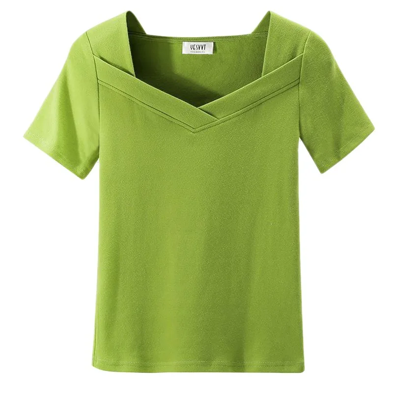 

Cotton short-sleeved T-shirt female v-neck solid color slim student green tide 2022 spring summer new Korean