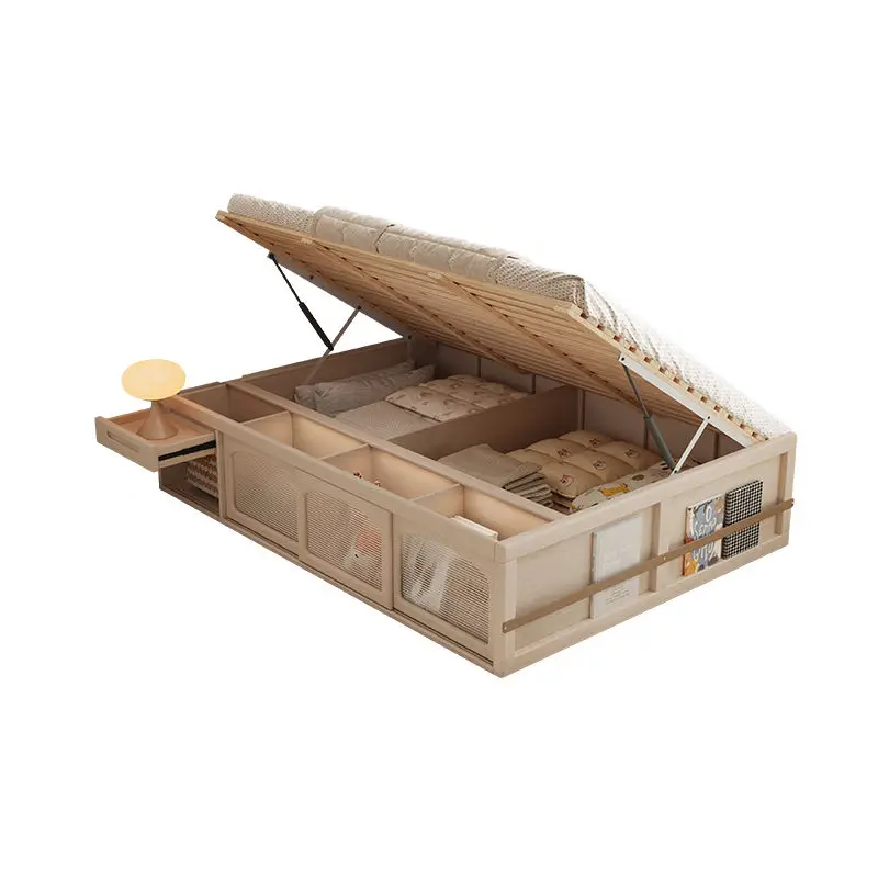 All solid wood high box storage bed tatami small apartment with fence girl children storage bed air pressure rod household