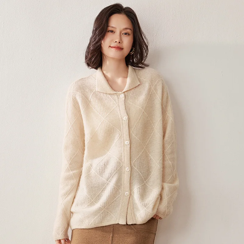 

Women's Lapel Thickened Sweater Coat 100% Cashmere Knitted Cardigan Seven-Pin Diamond Lattice Jacquard Outer Wear
