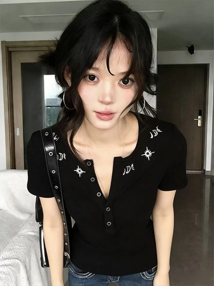 American Spice Girls Sexy Pure Desire T-shirt Half Sleeve All-match Slim Top Female Office Lady Minority Casual Soft Top