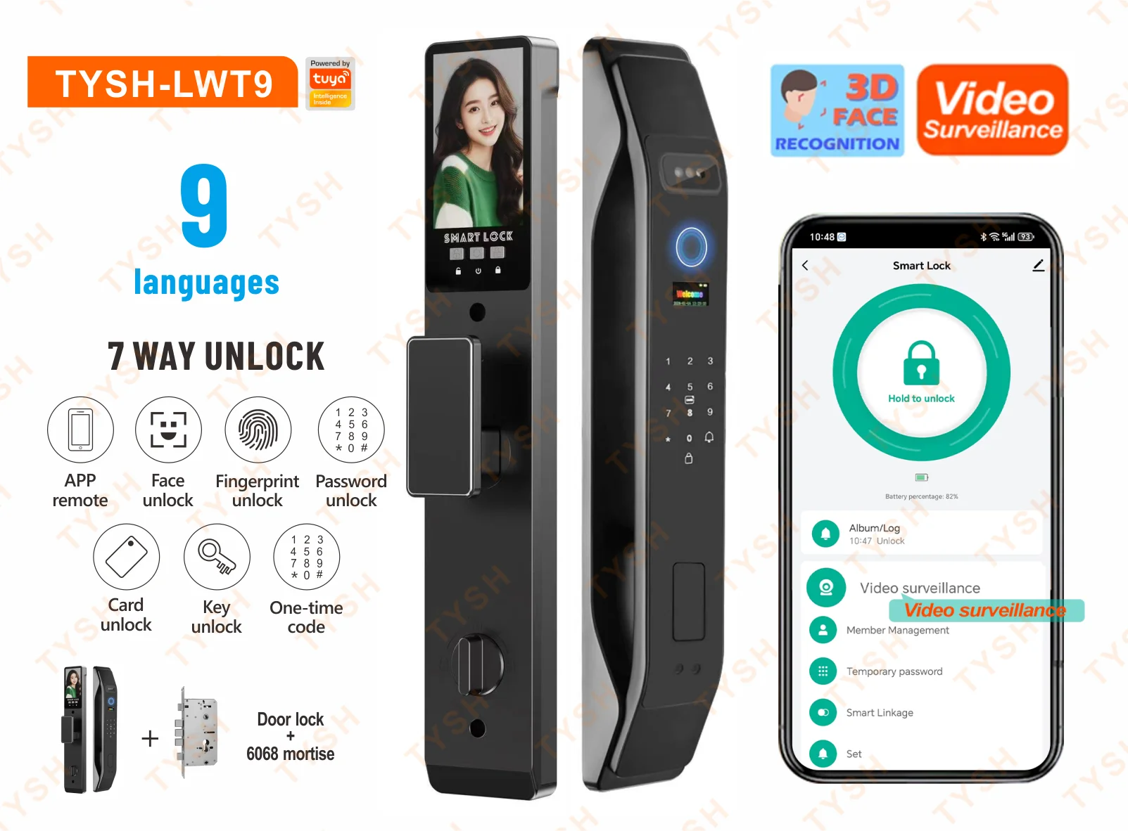 TYSH Tuya App Electronic Digital Locks Wifi 3d Face Recognition Biometric Fingerprint Smart Door Lock With 9 Languages