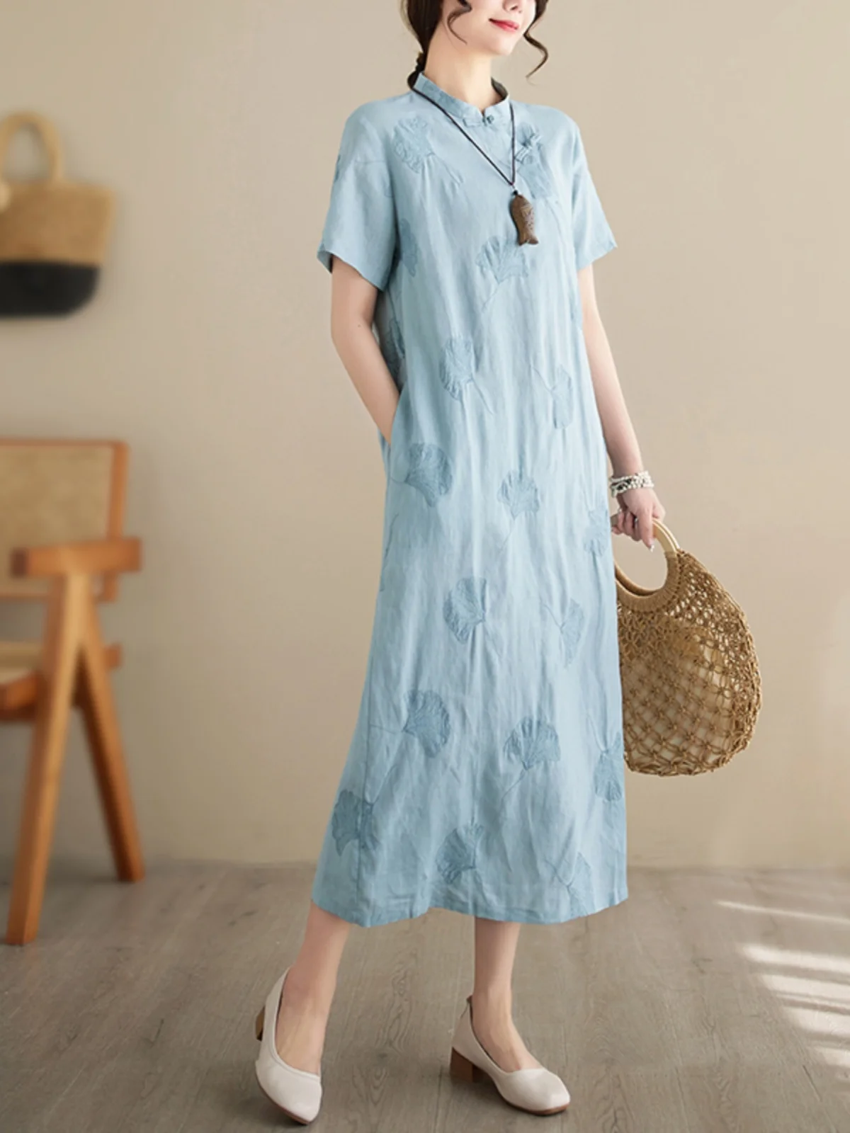 Ele Embroidered Cotton Linen ort Sve Qipao Dr Summer Vintage Side Buttoned Long Skirt Chinese Sle Loose Waist