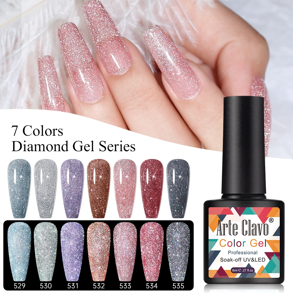 Arte Clavo Reflektierender Glitzer-Gel-Nagellack Flash Dimond Sliver Gold Funkelnde Pailletten Holografische Lacke UV-LED-Pailletten
