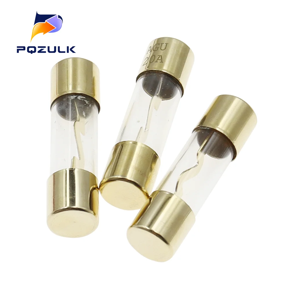 Fusible de AGU de vidrio chapado en oro, 5 piezas, 10x38, amplificador de Audio para coche, 10A, 15A, 20A, 25A, 30A, 40A, 50A, 60A, 70A, 80A, 100A