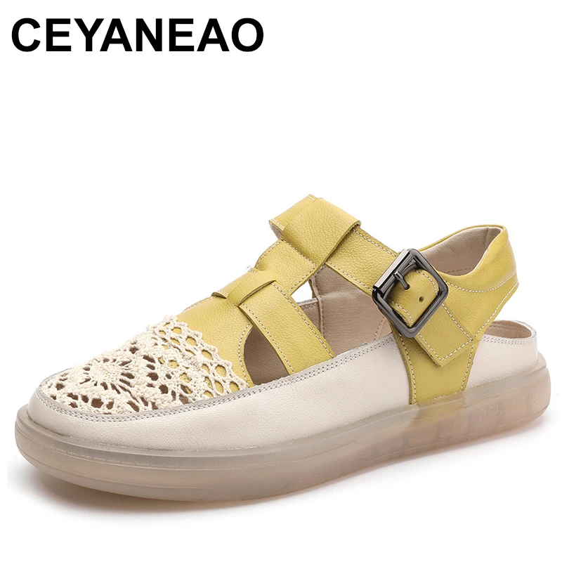 

Cowhide Lace Flat Sandals Roman Shoes Woman New 2024 Summer Leather Sandal Soft Sole Comfortable Non-slip Casual Sandals