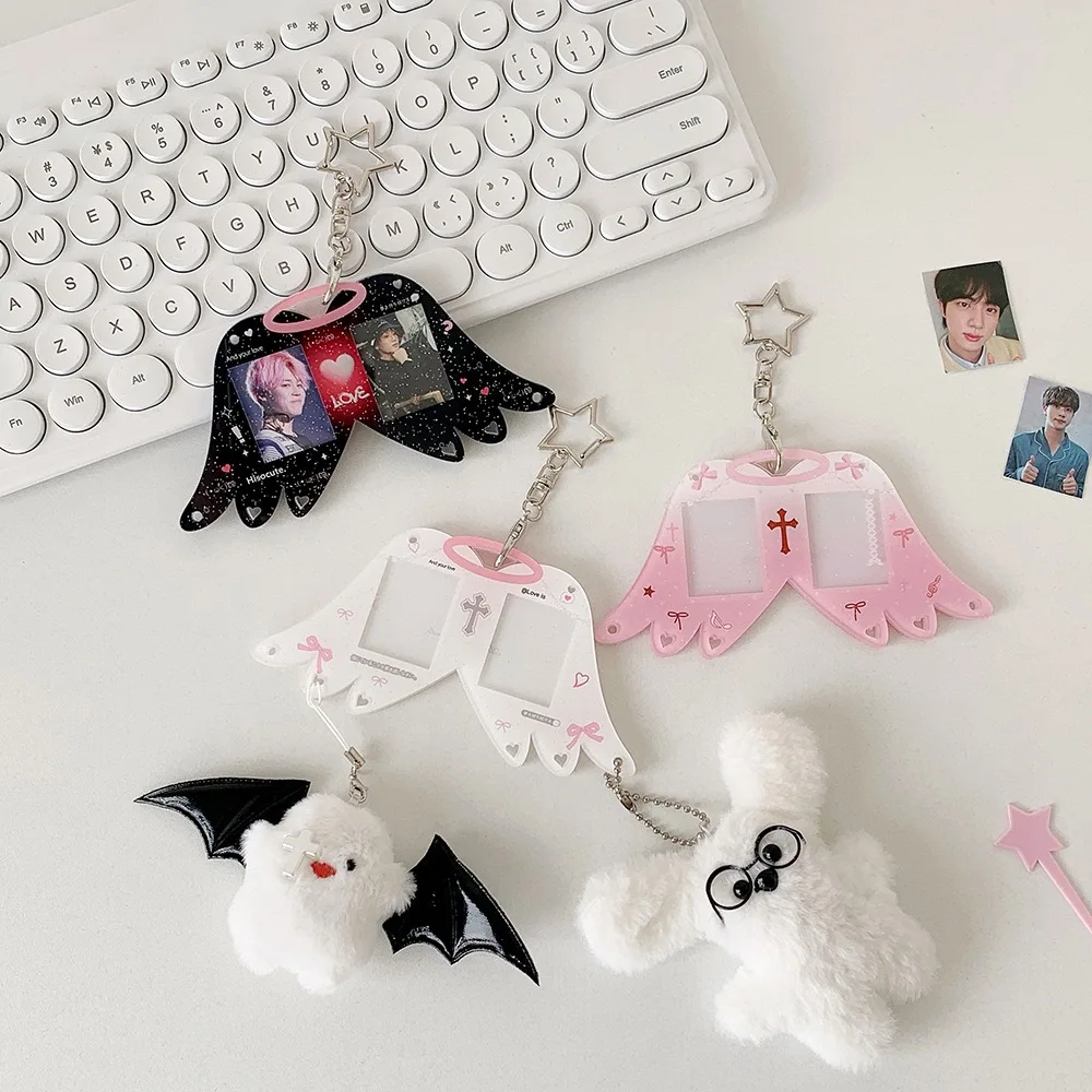 

Kawaii Double photo frame Angel wing pendant Kpop Idol Photo Card For 1inch Mini Photocard Holder Keychain Mini Pendant