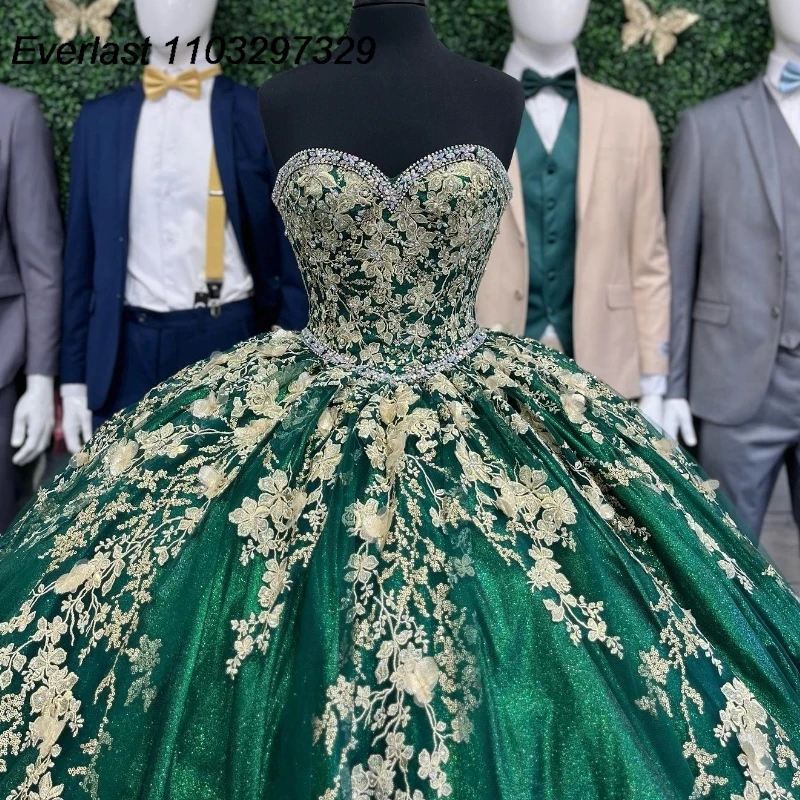 EVLAST abito Quinceanera verde lucido 2024 abito da ballo Applique in pizzo dorato perline messico corsetto dolce 16 Vestido De 15 Anos TQD378