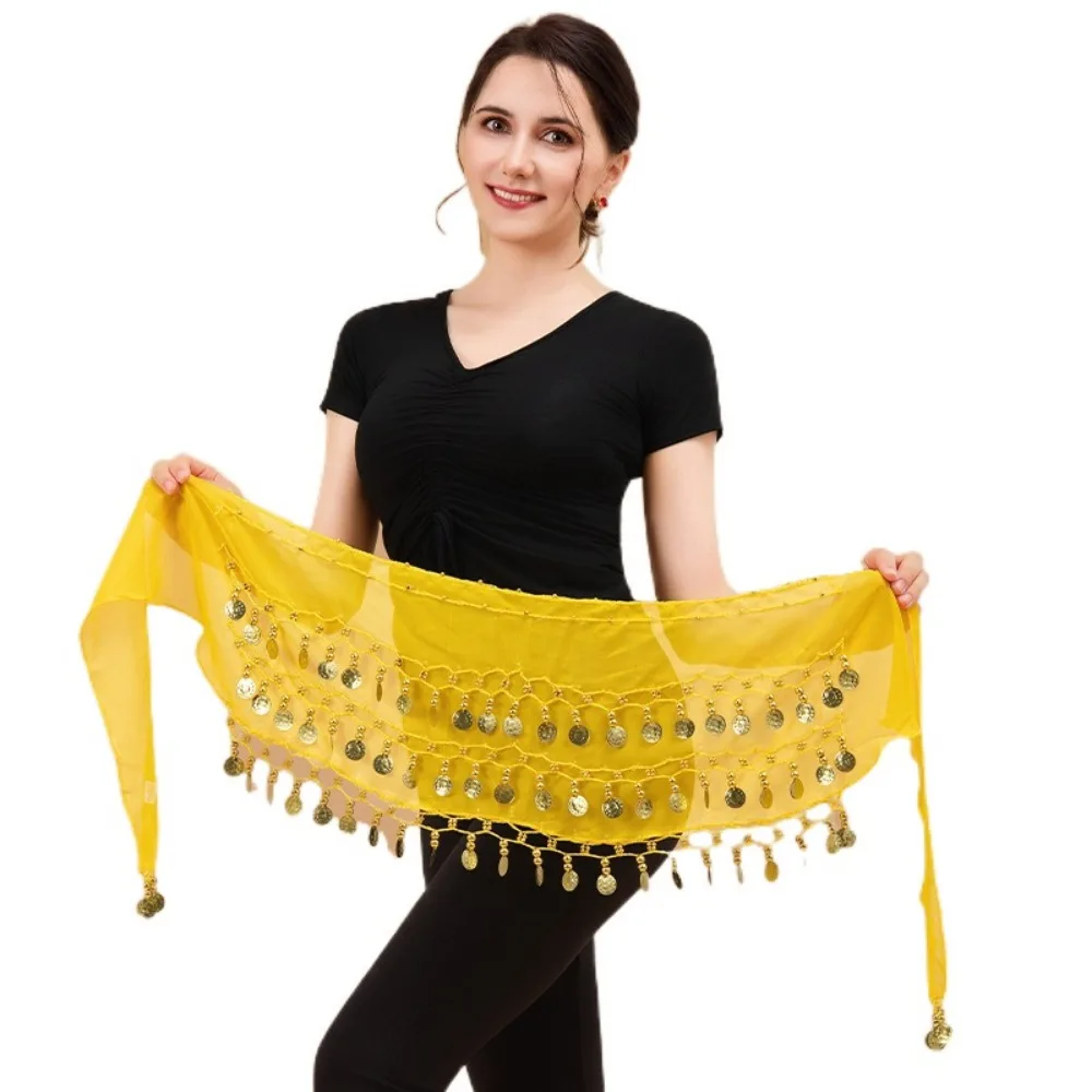 Sciarpa per danza del ventre con monete color oro Sciarpa per fianchi regolabile a tre strati Avvolgente in materiale chiffon dalla vestibilità comoda