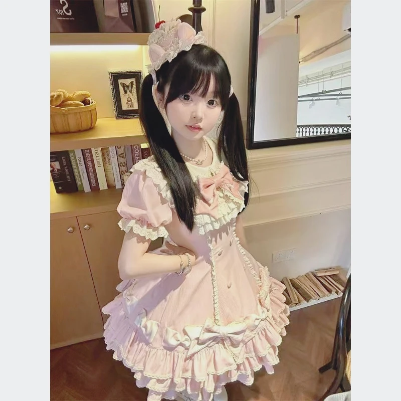 스트라이프 라자냐 로리타 케이크 드레스 귀여운 달콤한 공주 짧은 소매 Op 봄 가을 여름 고대 인형 느낌 Boho 드레스