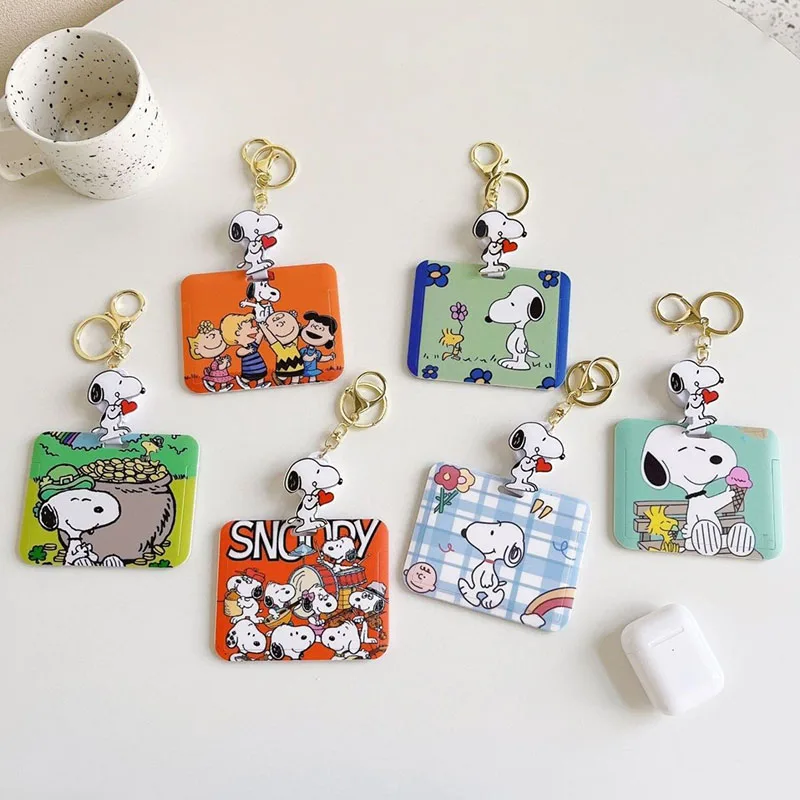 Kawaii Snoopys Keychain Cute Cartoon Creative Anime Print Student Bus Subway Card Pocket School Bag Hanger Girls Birthday Gifts