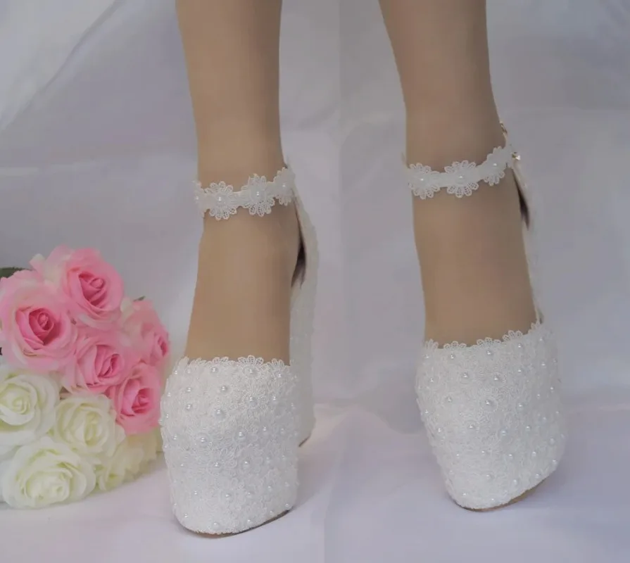 Fashion Dress Women Pumps Shallow Wedding PU 12CM Wedges Round Toe Buckle Strap White Lace Pearl Pole Dancing Woman Shoes