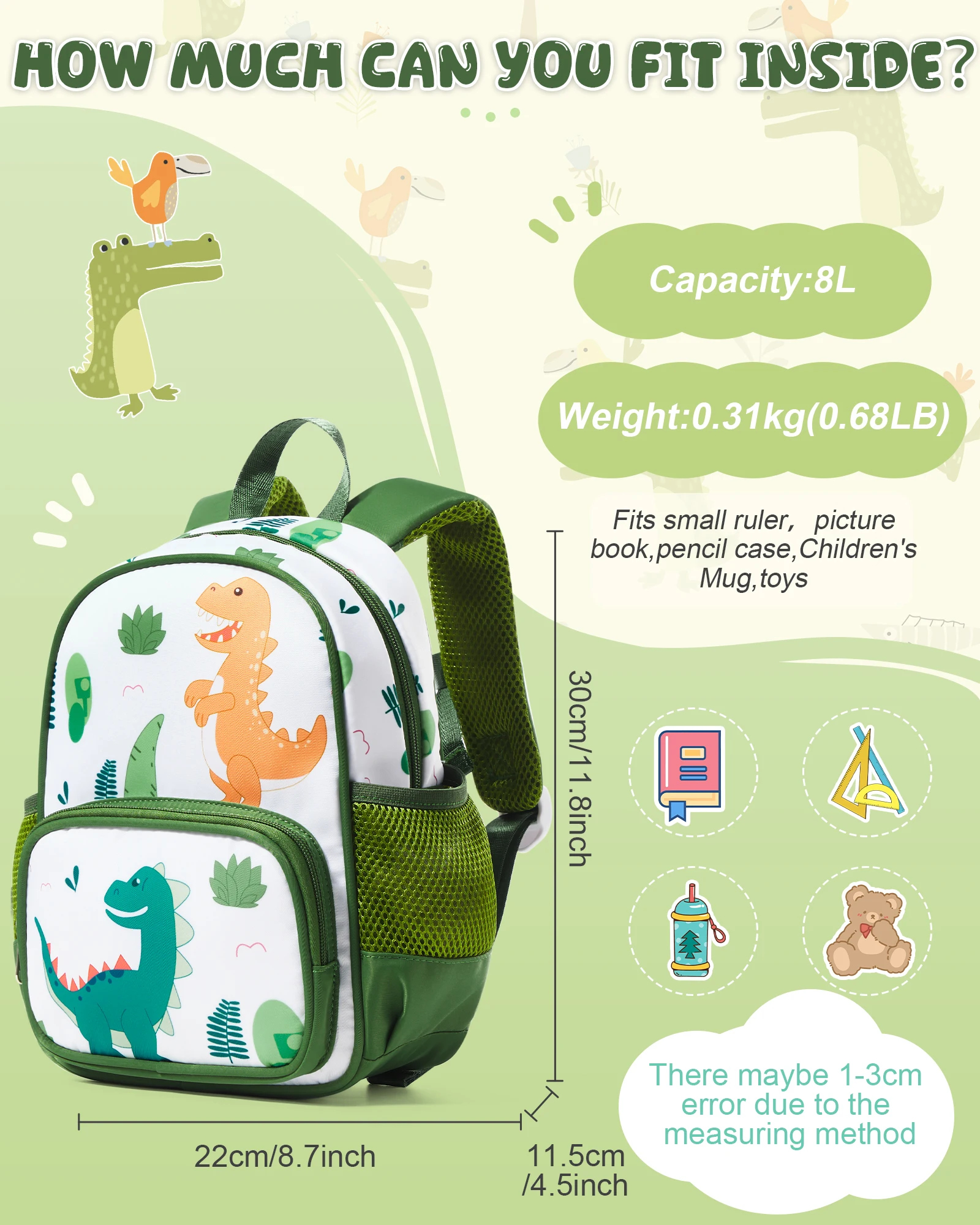 Cute Dinosaur Backpack for Kids Boys Girls，Childish Dino Schoolbag，Preschool School Children Bag，Nursery Primary Student Bookbag