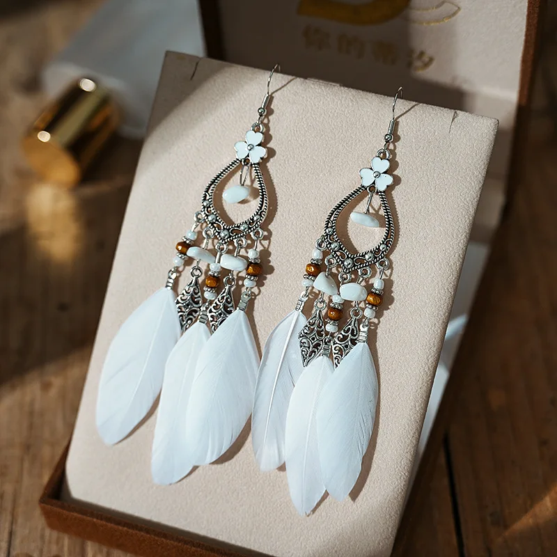 Fashion Bohemian Vacation Style Feather Earrings for Women Long Natural Stone Silver Color Metal Dangle Earring Female Jewelry