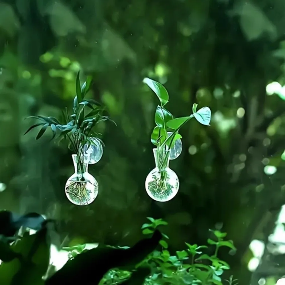 4pcs/set Transparent Wall Mounted Vase with Suction Cups Self-Watering Mini Flower Pot Plant Stem Bottles Hanging Fish Tank