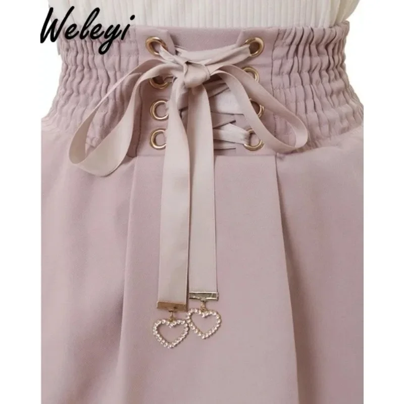 Cute Jirai Kei Lolita Plaid Skirt Women\'s 2024 Summer New Sweet Mine Series Mass Production High Waist Elastic Bow Belted Skirts