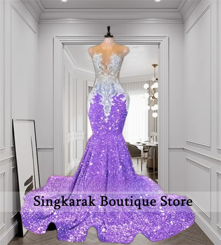 

Cute Lavender Purple Diamonds Prom Dresses For Black Girls Sequins Crystals Beaded Birthday Graduation Party Dress Customized