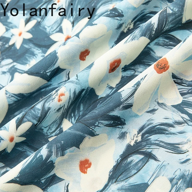 YOLANFAIRY Sukienka letnia ze 100% jedwabiu morwowego 2025 Elegancka damska sukienka wakacyjna z nadrukiem, podkreślająca talię, z krótkim rękawem