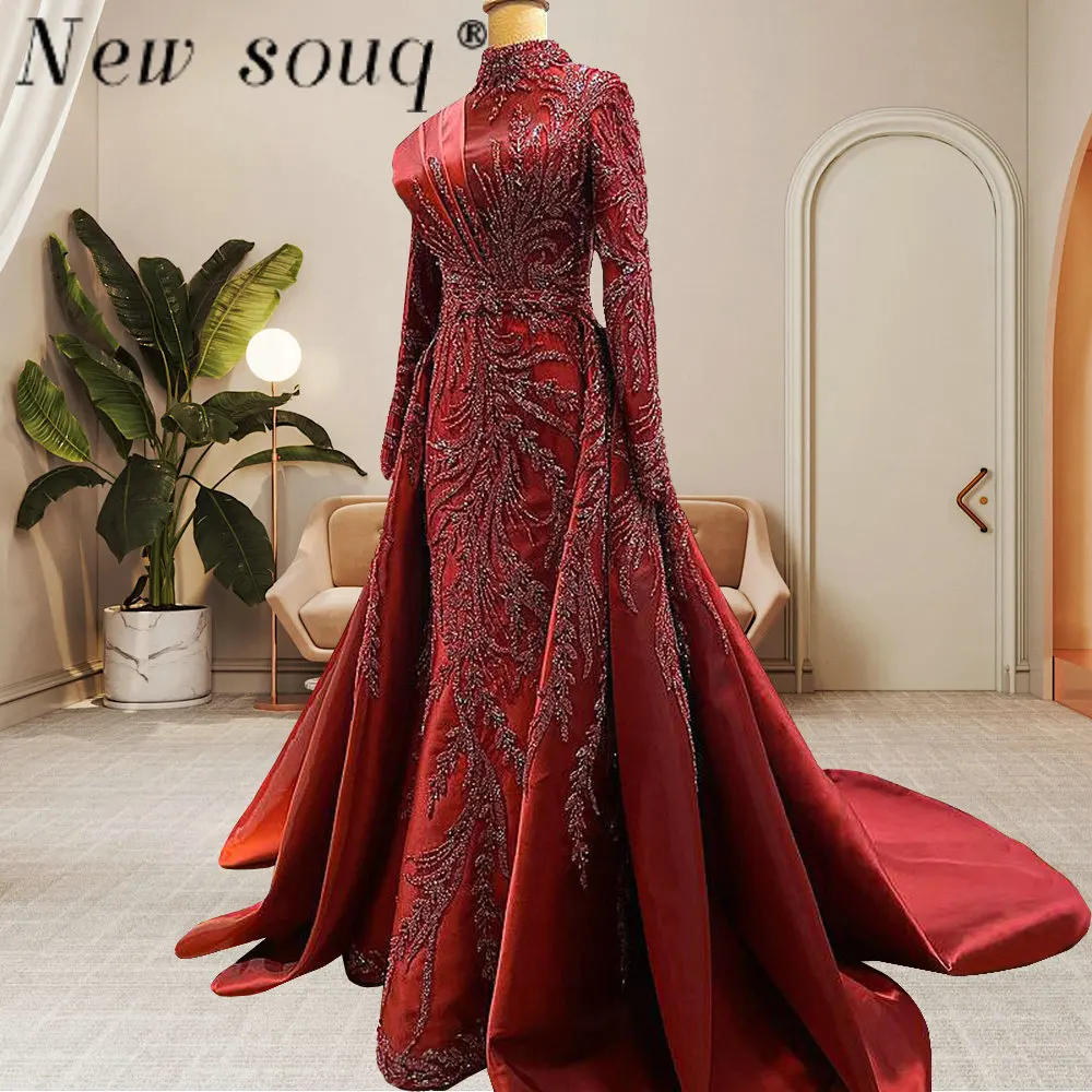 فساتين سهرة حورية البحر الإسلامية بأكمام طويلة مطرزة باللون العنابي مع ذيل قابل للانفصال في الشرق الأوسط ورقبة عالية فساتين حفلات رسمية للنساء