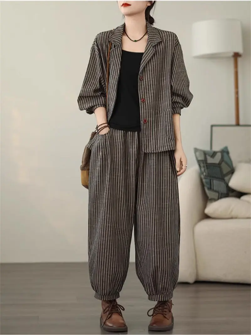 Retro Stripe Cotton And Linen Suit 2024 Women\'s Autumn Temperament Casual Wide Leg Harem Pants Loose Oversized 2 Piece Set K2478