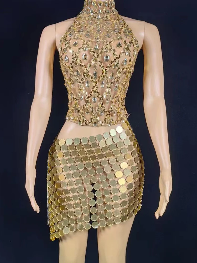 

Высококачественный топ со стразами и подвесным воротником + сексуальная полая юбка с пайетками, новинка 2025 года, модная женская одежда на заказ