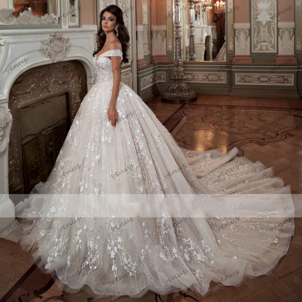 Exquisitos Vestidos De Novia glamorosos, Vestidos De Novia con Apliques De encaje, batas De línea, tren De barrido glamuroso, Vestidos De Novia personalizados