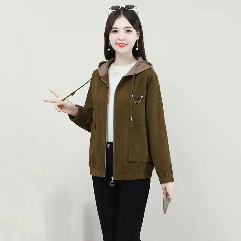 Spring Autumn Women Corduroy Jacket 2023New Fashion Mid-Aged Single Breasted Hooded Short Coat Female Casual Outerwear Lady Tops