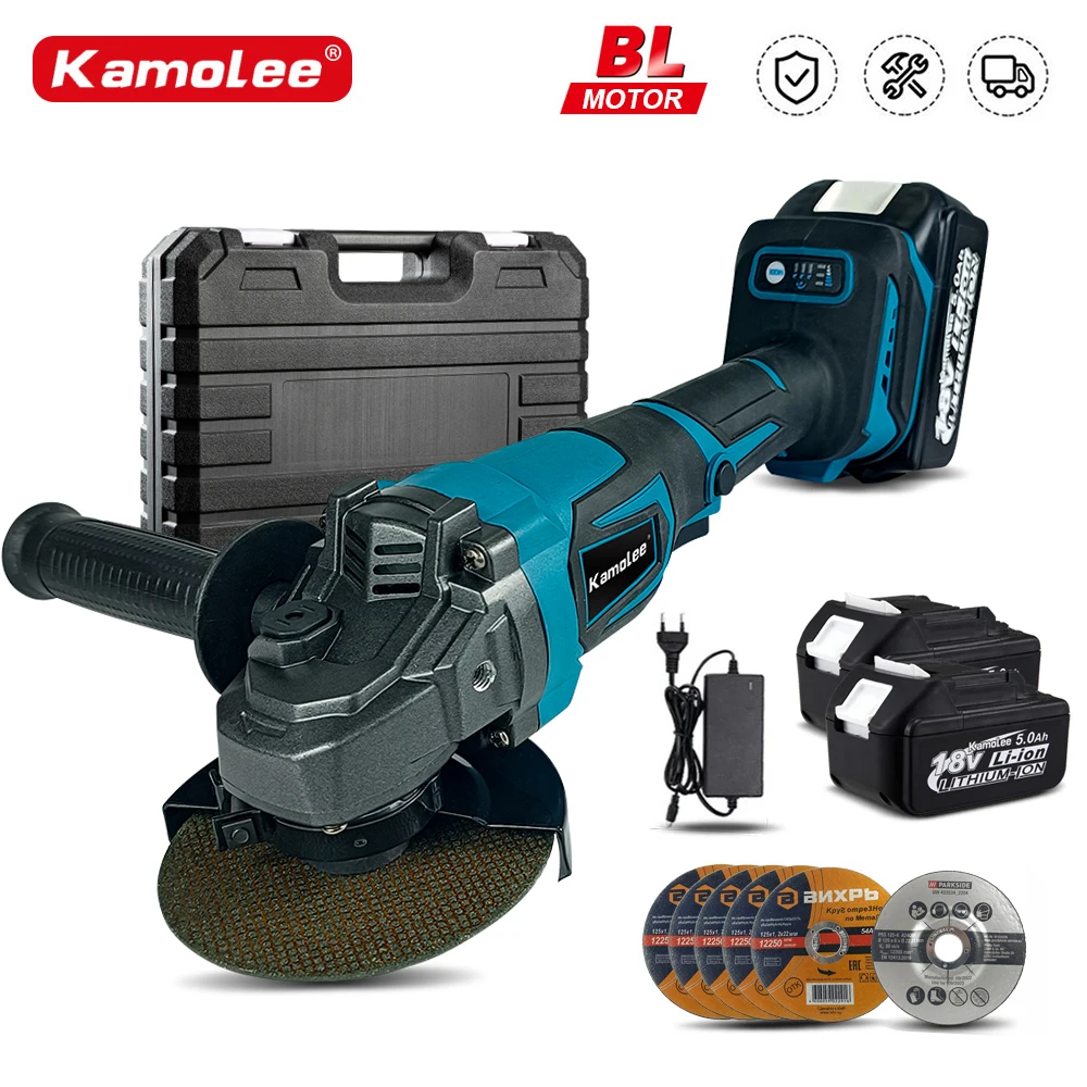 

Kamolee Brushless Cordless Angle Grinder 125MM 18500RPM 4 Speed Cutting Power Tools Compatible For Makita 18V Battery