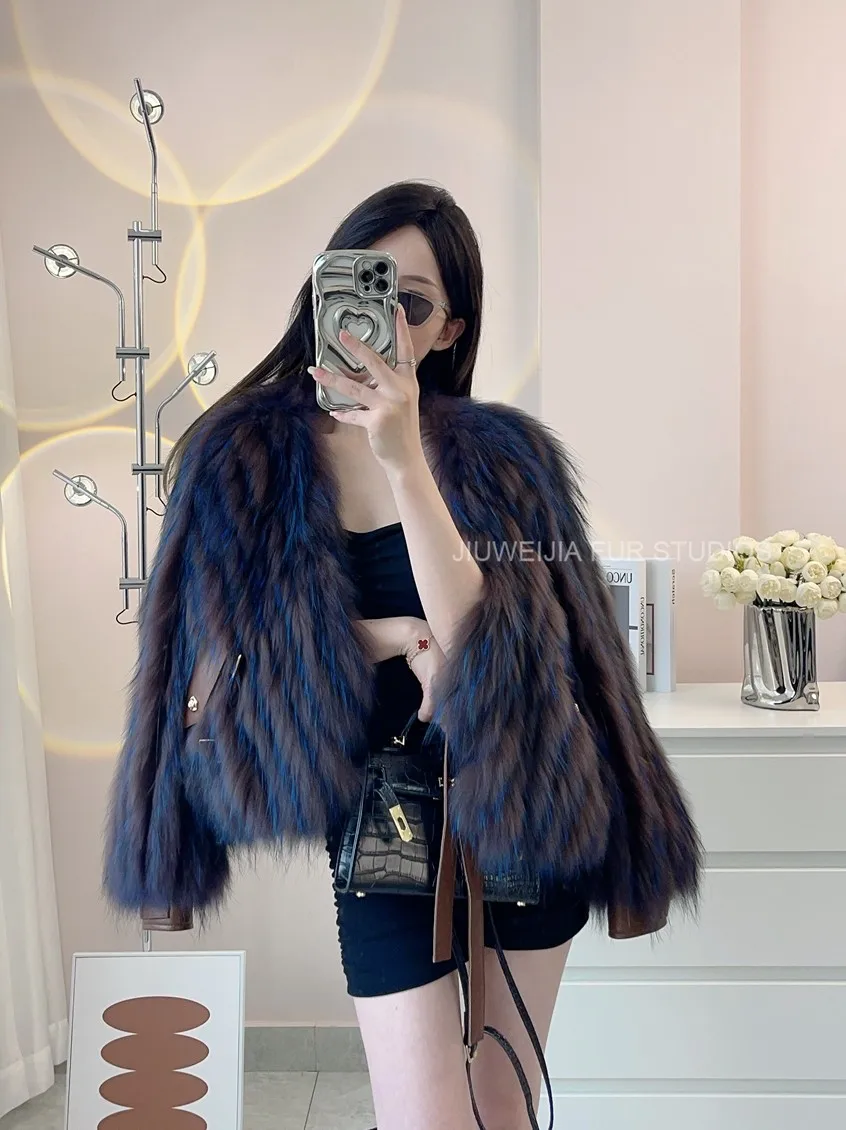 2025 winter new Haining strips short thin raccoon hair fox fur coat women's young coat