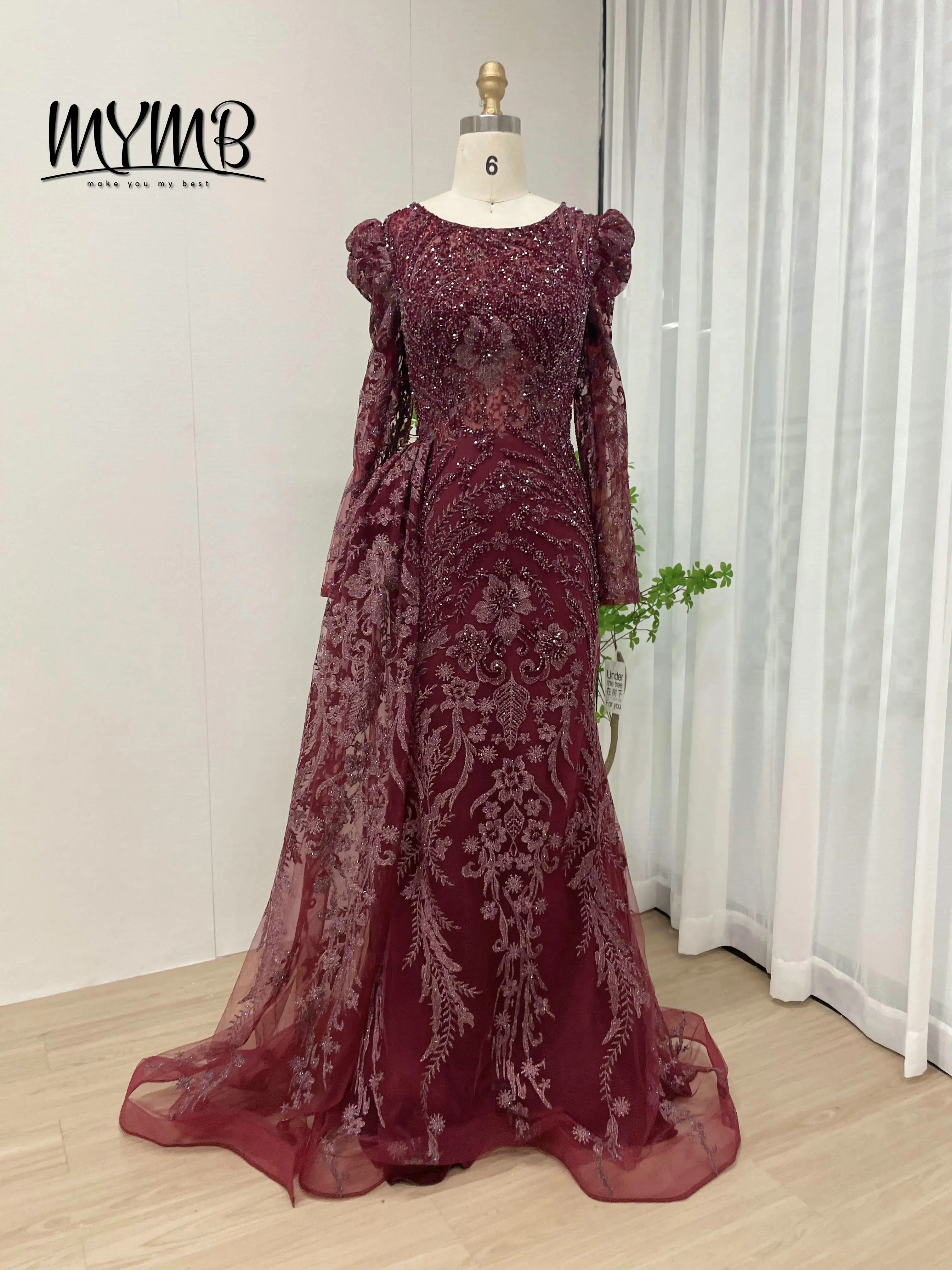 MYMB Vintage Dubai Scoop Neck Long Sleeves Evening Dress Autumn Embroidered Beads Prom Dresses for Banquet Wedding Party DWS2414