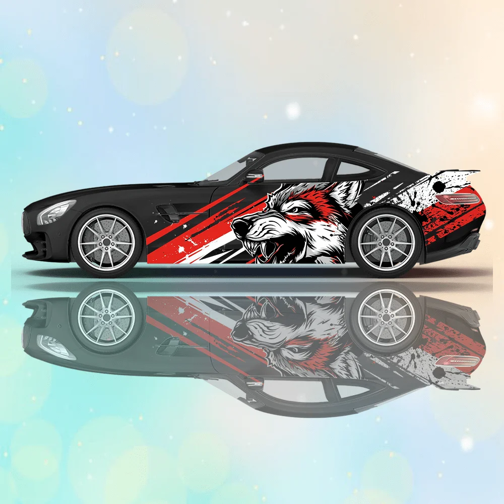 レッドオレンジラインウルフヘッドカービニールラップデカール自己粘着pvcステッカートラックsuv装飾自動車アクセサリーギフトに適しています