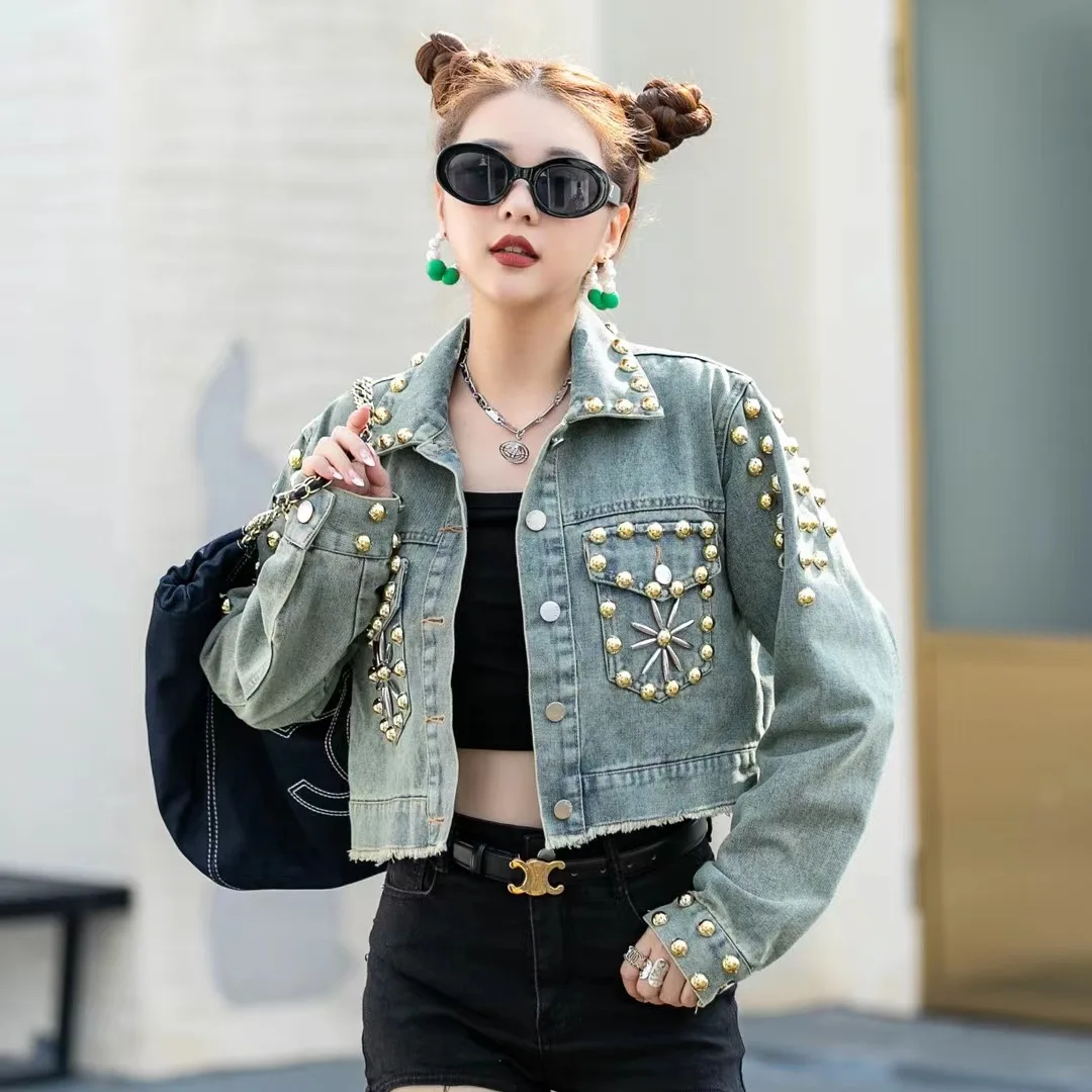 

Thai Trendy Brand 2023 Autumn New Retro Rivet Burr Denim Jacket Women's Short Loose Versatile Jacket Top