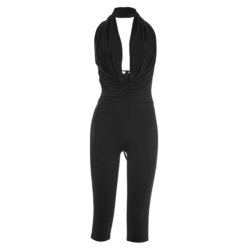 

Summer women's hanging collar backless tied tight jumpsuit
