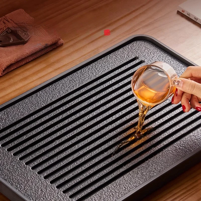 GIANXI Artificial Stone Tea Tray Chinese Hollow Stripes Design Water Storage Trays Home Living Room Small Kung Fu Dry Tea Tray