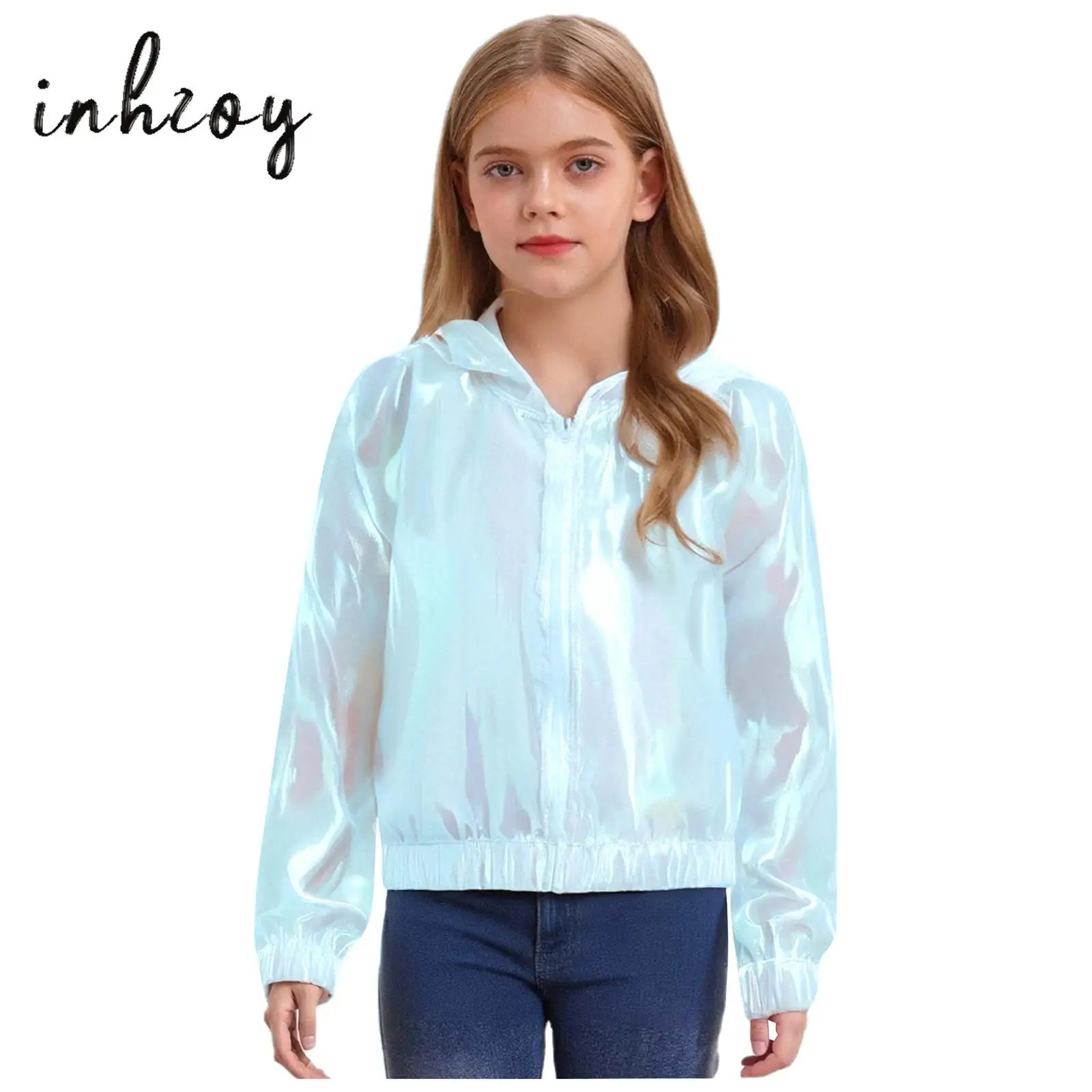 

Kids Girls Shimmery See-Through Jacket Outwear Fashion Light Long Sleeve Zipper Hooded Coat Sun Protective Clothing Streetwear