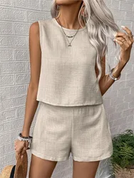 Solid Color Two Piece Sets Women Summer Sleeveless Vest Crop Tops + Shorts Suit Female 2025 Casual Vacation Beach Outfits