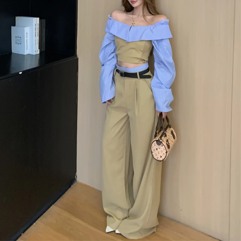 2024 Autumn New Off-shoulder Striped Sexy Long Sleeve Shirt Women + Contrast Color Patchwork Loose Wide Leg Pants Two-piece Suit