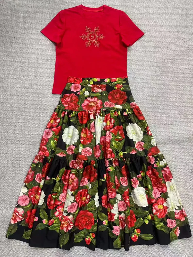 Retro Printed Round Neck Knitted T-shirt Two-piece Set 2026 Summer Women's Clothing + Loose Smocked A-Line Skirt Fashion Suit