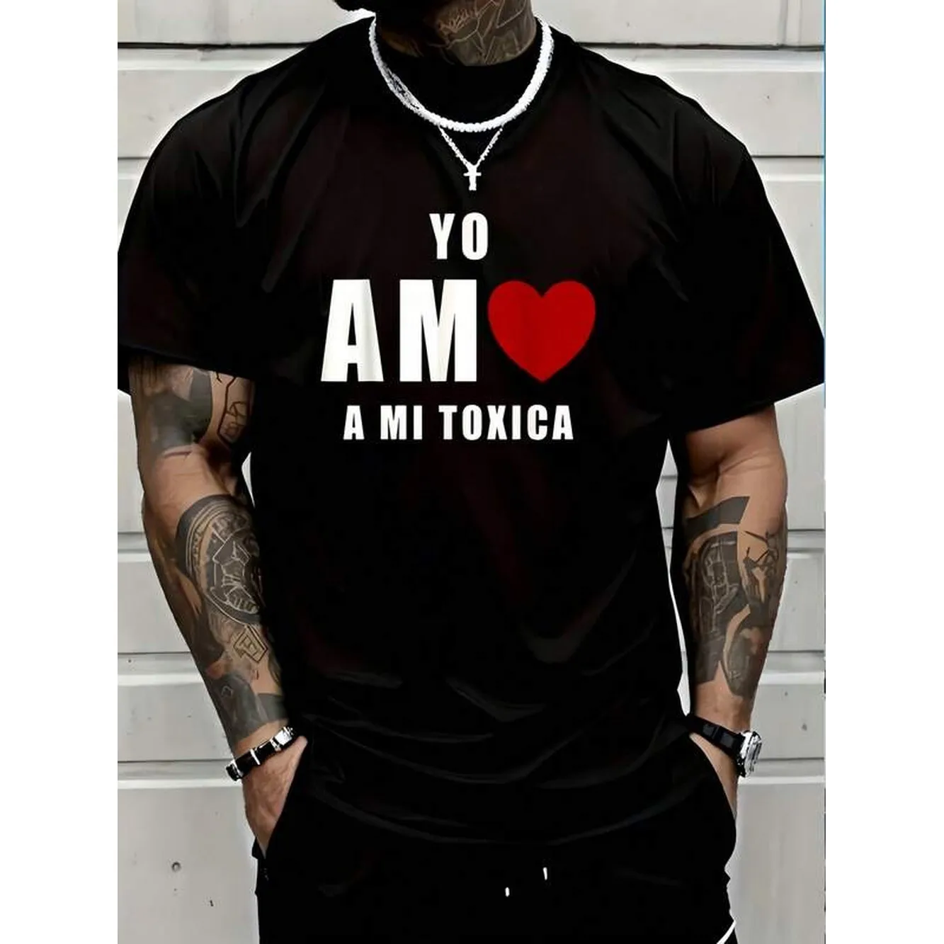 Yo Amo Mi Toxica Heart Graphic Print Men Black T Shirt, Crew Neck Medium Stretch Knit Cotton Regular Fit Casual Short Sleeve Tee Top For Men Boys