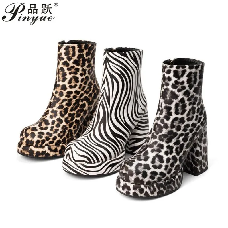 

9.5cm High Heel Platform Women Boots Fashion Leopard zebra-stripe Punk Style Shoes Autumn Winter Women's Ankle Booties 35 43