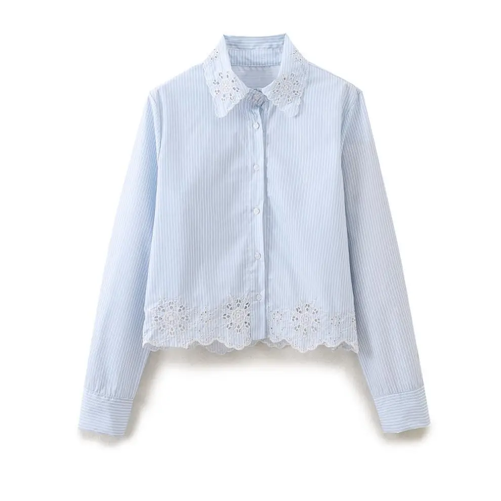 

Turn-down Collar Blouse Embroidered Hollow out Striped Autumn Striped Shirt For Women Casual Loose Single Breasted Shirt