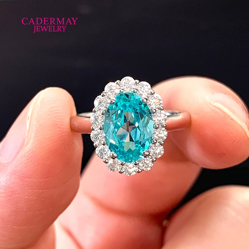 Classic Flower 7x10mm Oval Shape Blue YAG Lab Paraiba Rings 925 Silver Engagement Halo Moissanite Rings Women Gift Party view 2