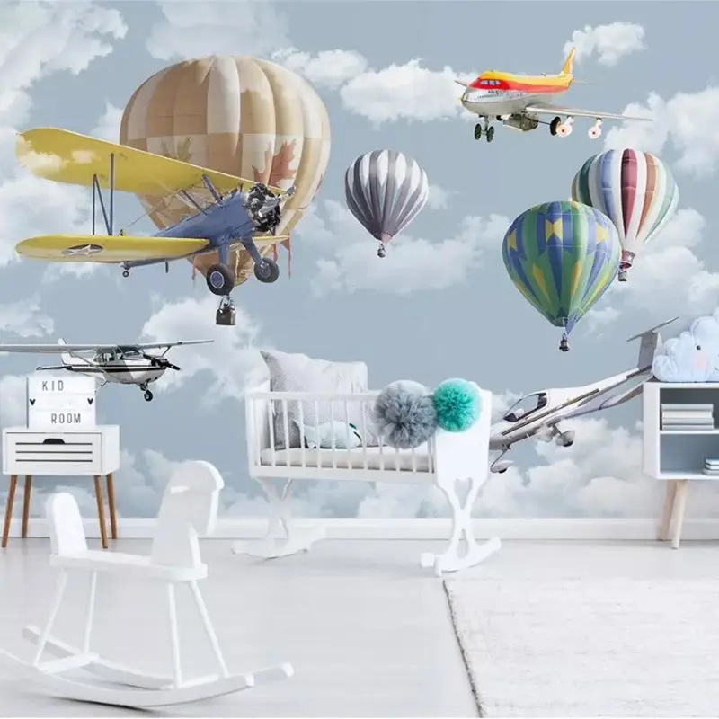 wellyu Nordic minimalist hand-painted wallpaper cartoon airplane balloon children's room TV background custom 3d photo wallpaper