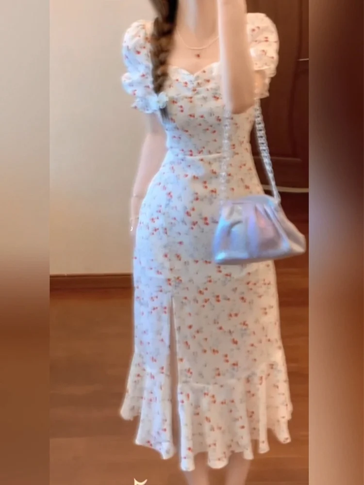 

SYJ Comfortable Floral Print Bubble Sve Empire Waist Long Dr Korean Sle Commute Casual High Waist Square Collar Dr