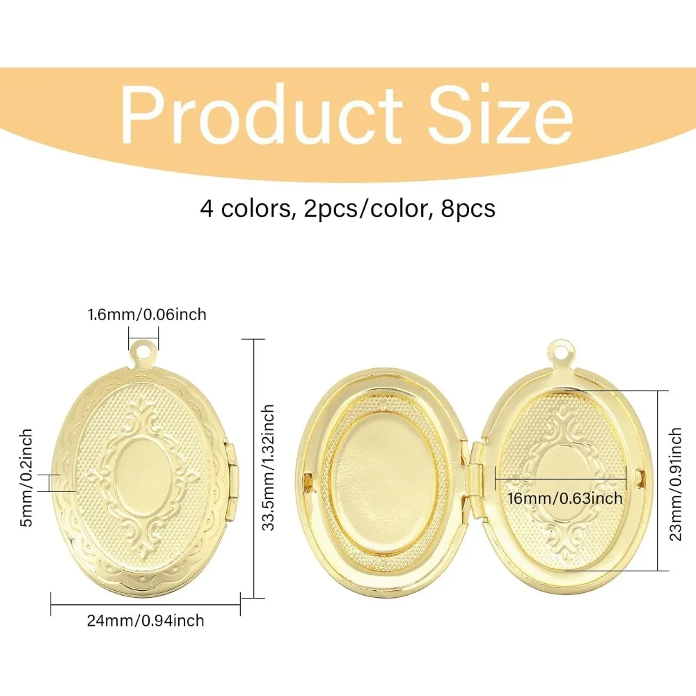 8 Pcs 4 Color Brass Locket Pendants Photo Frame Charm Box Memorial Pendant Blank Bezel Pendants 33.5×24×5mm